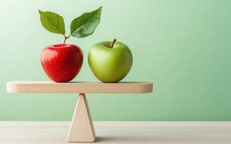 Photo of two apples on a seesaw that is horizontally stable; one is red with two bright green leaves sticking up off the stem; the other is a green apple with stem and no leaves. On a light green background.