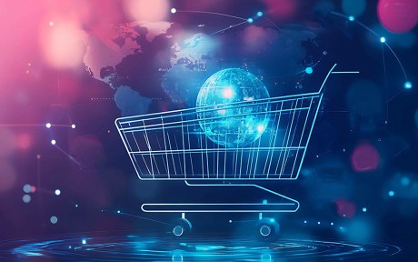 decorative illustration of shopping cart with globe inside.