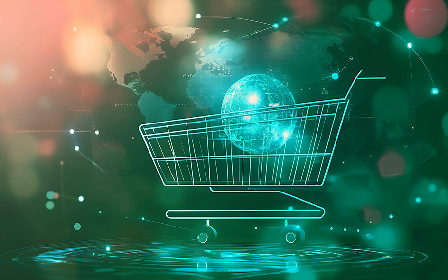 decorative illustration of shopping cart with globe inside.