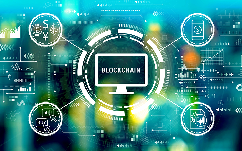 Decorative image: blockchain with spokes including cryptocurrency, mobile $, buy/sell icons. Cryptocurrency fintech theme with big city lights at night.