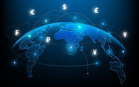 Digital image of world map with currency symbols above it and several dotted lines from one area of the map to another. dark blue tone.