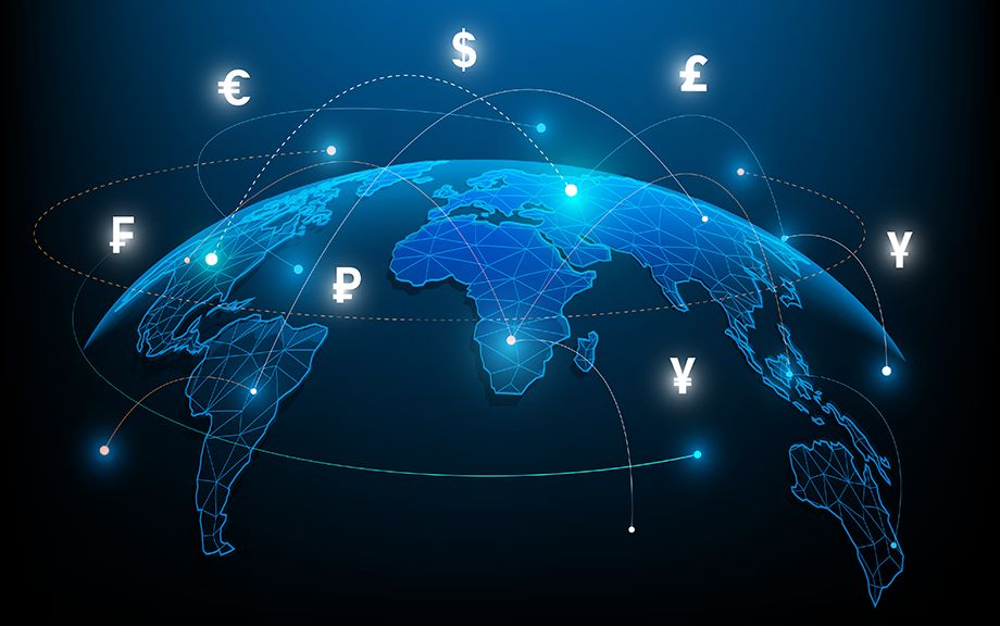 Digital image of world map with currency symbols above it and several dotted lines from one area of the map to another. dark blue tone.