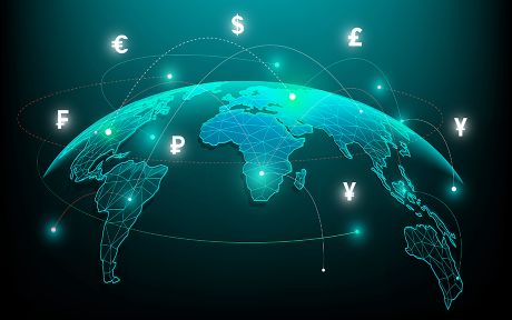 Digital image of world map with currency symbols above it and several dotted lines from one area of the map to another. dark turquoise tone.