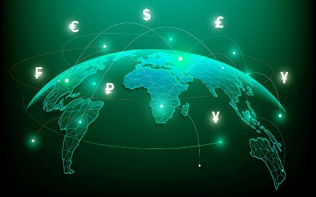 Digital image of world map with currency symbols above it and several dotted lines from one area of the map to another. dark green tone.