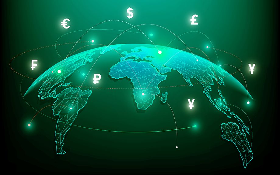 Digital image of world map with currency symbols above it and several dotted lines from one area of the map to another. dark green tone.