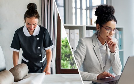 Photo: Split screen of Two women working, the first is a Housekeeper cleaning a hotel room. The second is thinking, laptop and typing businesswoman, bank consultant or working on research report, project or solution. Computer, administration analysis and professional person reading online account data.