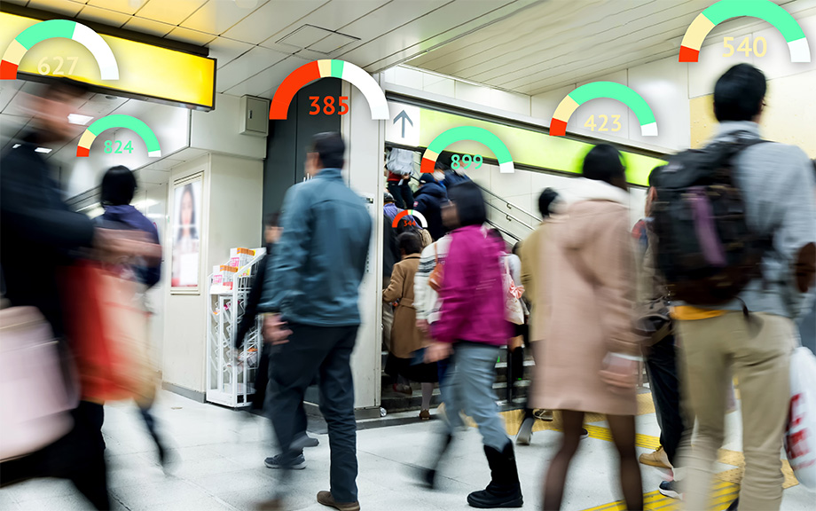 Personal social credit score. Machine Learning analytics identify person technology,Artificial intelligence no privacy security camera technology concept. Software ui analytics and recognition people.