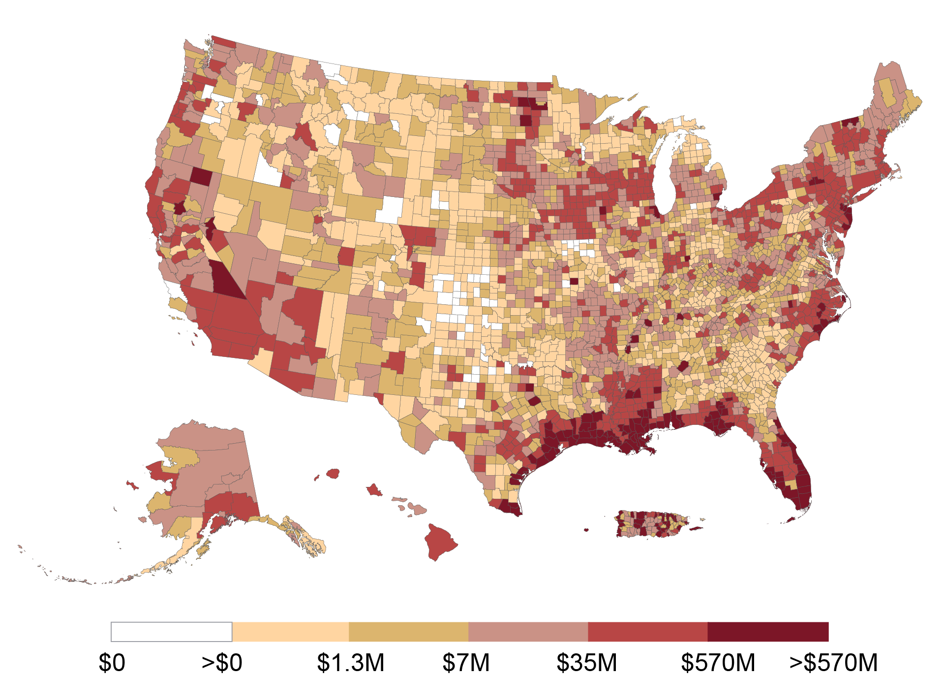 Heat map of the United States depicting county-level damages from floods, hurricanes, and coastal disasters between 1996 and 2023, inflation-adjusted to 2023 dollars; legend from left to right: zero damages (white), over zero to 1.3 million (light gold), over 1.3 million to 7 million (medium gold), over 7 million to 35 million (dark gold), over 35 million to 570 million (medium red), over 570 million (dark red).