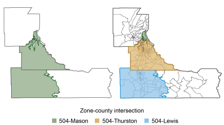 Map chart with two panels depicting how the authors redistribute data from the National Oceanic and Atmospheric Administration (NOAA) at the county level; left panel depicts Zone 504 as indicated by the Storm Event Database, which intersects three counties: Mason, Thurston, and Lewis; right panel depicts zone-county intersection of Zone 504-Mason (green), Zone 504-Thurston (gold), and Zone 504-Lewis (blue); damages are apportioned according to census block-level data on population, income, housing stock, and geographical area. 