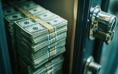 Decorative Photo: Stacks of Hundred Dollar Bills Securely Stored in a Steel Safe for Bank Reserves Concept