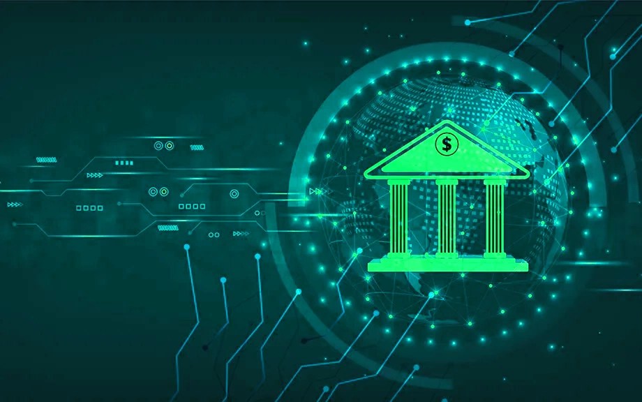 Decorative illustration of bank building with columns in bright green on a dark green background with dots and globe around it and lights streaming out.