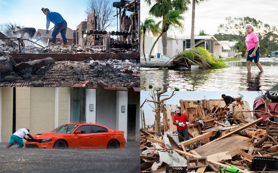 Photo: a four-panel picture of people cleaning up after natural disasters: fire, hurricane, tornado, and flood.