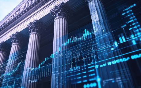 Financial stability: A classic bank building with columns, financial symbols, and charts, showcasing the reliability and trustworthiness of a bank