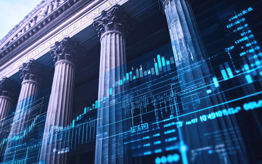 Financial stability: A classic bank building with columns, financial symbols, and charts, showcasing the reliability and trustworthiness of a bank