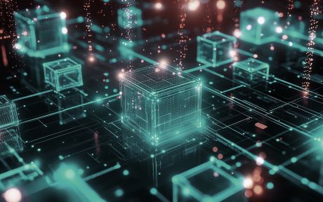 Abstract visuals of blockchain technology in business, featuring