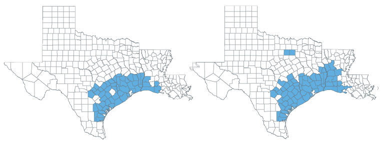 Two county maps of Texas showing damages from Hurricane Harvey in 2017; left map depicts spatial cluster based on the authors’ algorithm, right map is the official disaster declaration by FEMA; the similarity of the maps demonstrates the accuracy of the authors’ algorithm. 