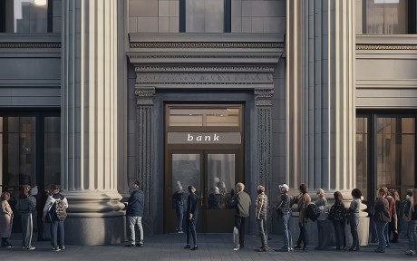 People queuing in front of the bank door - AI Generated