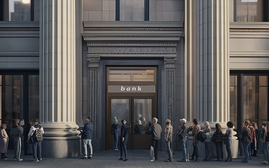 People queuing in front of the bank door - AI Generated