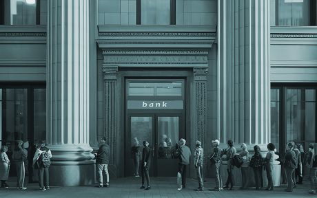 People queuing in front of the bank door - AI Generated