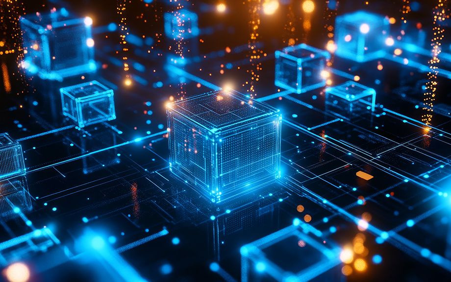 Abstract visuals of blockchain technology in business, featuring