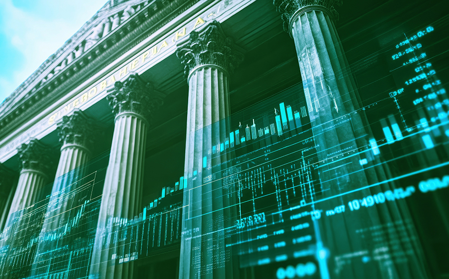 Financial stability: A classic bank building with columns, financial symbols, and charts, showcasing the reliability and trustworthiness of a bank