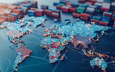 Photo: AI and global logistics concept with world map, supply chain net