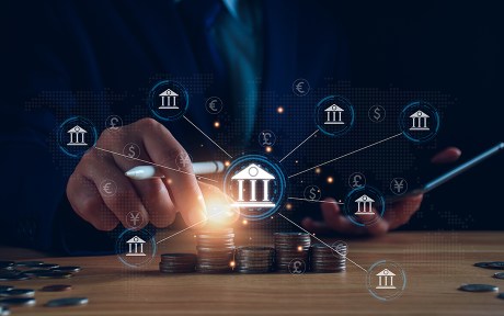 central banking and international currency concept. Businessman exchanging dollar Yuan Yen Pound sterling and Euro for forex and currency exchange money transfer. international currency, world bank