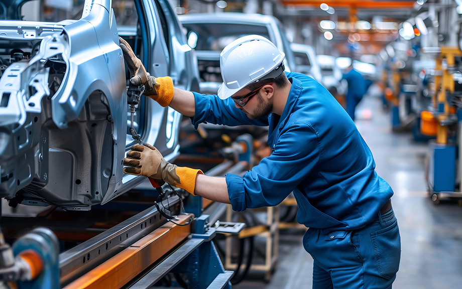Engineer worker in automotive factory car manufacturing process, assembly line production