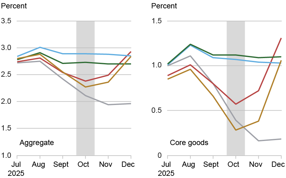 Two line charts plotting trend inflation estimates for aggregate (left) and core goods ( right), by percent (vertical axis) from July through December 2025 (horizontal axis) for information sets available on 10/24/25 (light blue), 12/5/25 (green), 12/18/25 (gray), 1/13/26 (red), and 1/22/26 (gold); gray bars represent that no CPI/PCE data were available; the authors find a similar pattern to that for the PCE nowcasts: the November CPI greatly reduced the trend estimate, whereas the December CPI returns the trend to its benchmark level established by the pre-shutdown information set dated 10/24/25.