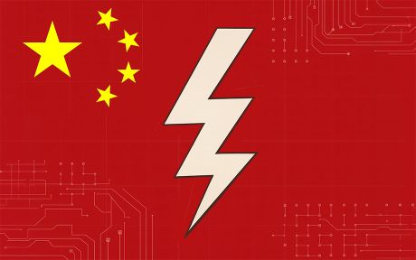 AI generated image: red background with yellow stars similar the China flag in the top left corner, white lightning bolt in the center of the image and white grid lines in the top right, bottom left and right of the image.
