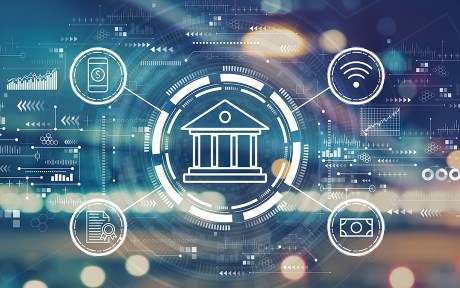 Online banking concept with blurred city abstract lights background