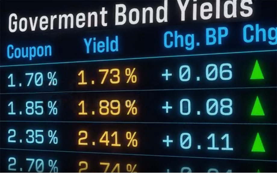 image of Government bond yields moving up, bond trading, yields, interest rates. Table with market data, investment opportunities, financial markets, trading, debt, analysis.