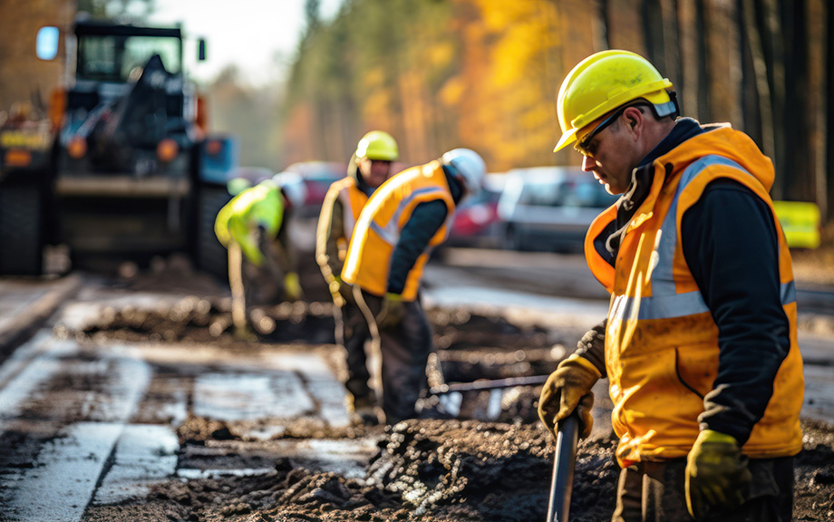 Road construction with view of two human workers beyond road mac