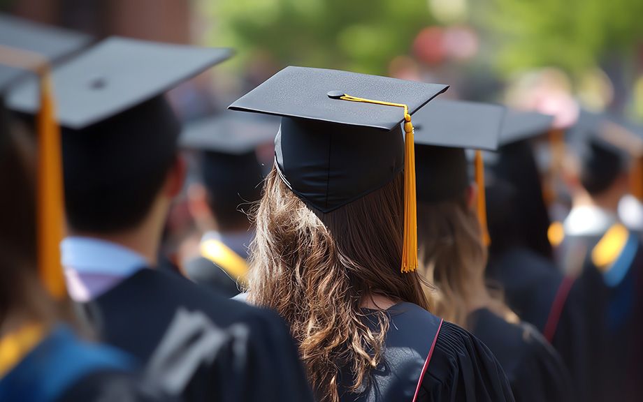 Image of back of college students in cap and gowns