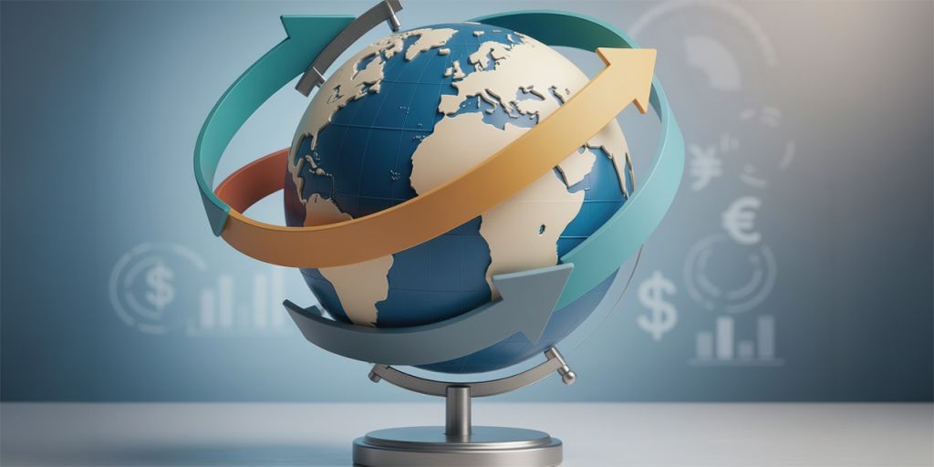 AI generated image of a globe with arrows showing cycles around it on a blue background with international currency symbols.