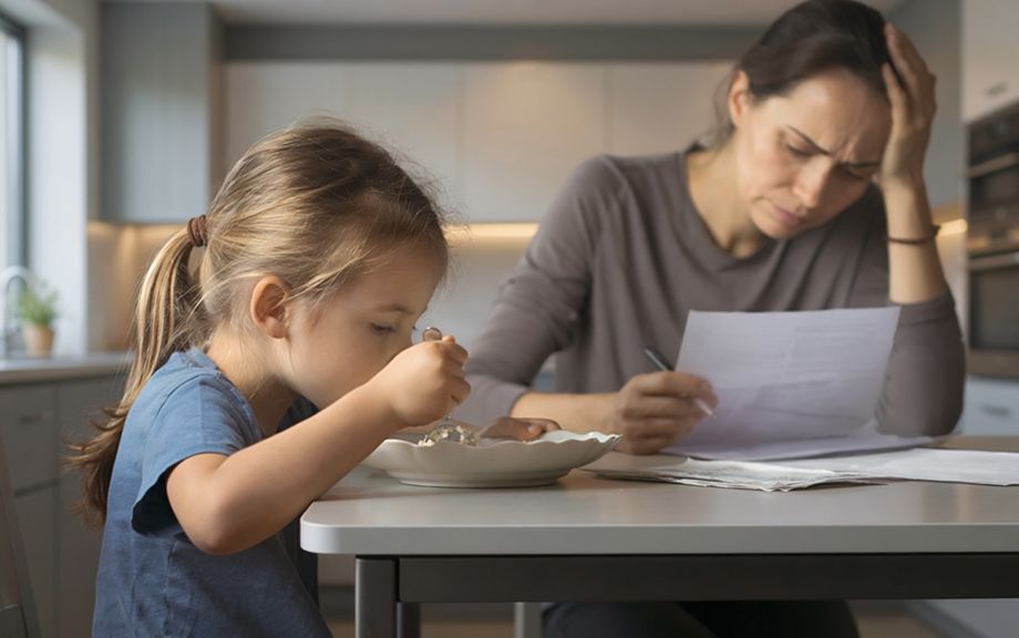 AI generated image of a young mother sitting at a kitchen table looking concerned as she pours over bills. Her young daughter is eating a small portion of food from a white plate next to her at the table.