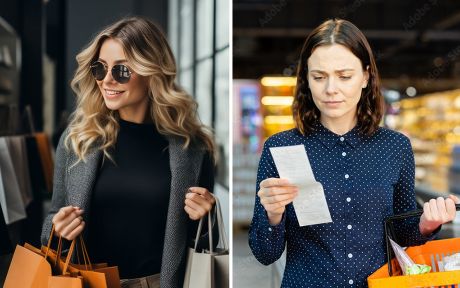 split photo of two different women: one is carrying shopping bags in a high end retail store. The other is looking over a receipt from a grocery shopping as she carries the shopping cart.