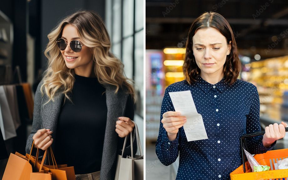 split photo of two different women: one is carrying shopping bags in a high end retail store. The other is looking over a receipt from a grocery shopping as she carries the shopping cart.