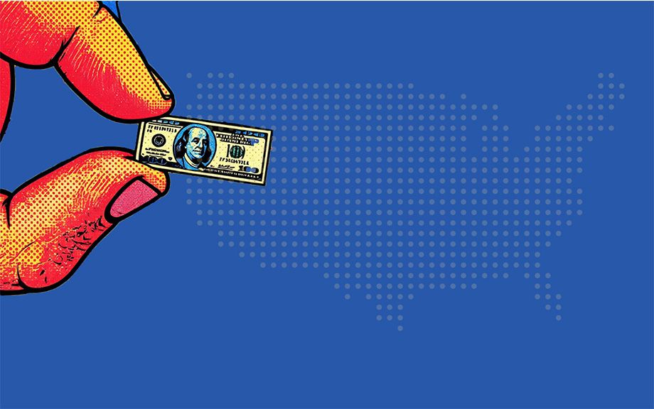 AI created illustration of a forefinger and thumb holding a tiny 100 dollar bill U.S. Map of the U.S. on a blue field in the background. Done in Pop Art style.