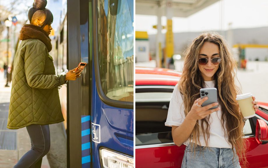 split image of two women: on the left an African American woman with cell phone boarding a bus; on the right, a Causasian woman leaning on a fancy red car looking at her cell phone and holding a coffee cup. She is at a gas statiion and the gas pumps are in the background.