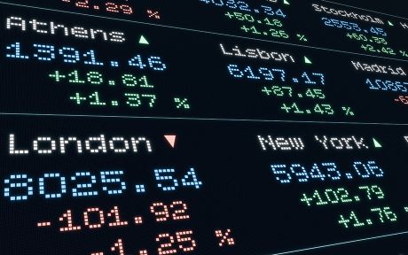 Stock market and exchange, indices moving up and down, Athens, Lisbon, London, New York. Device screen, business, market data and trading information. Concept, 3D Illustration