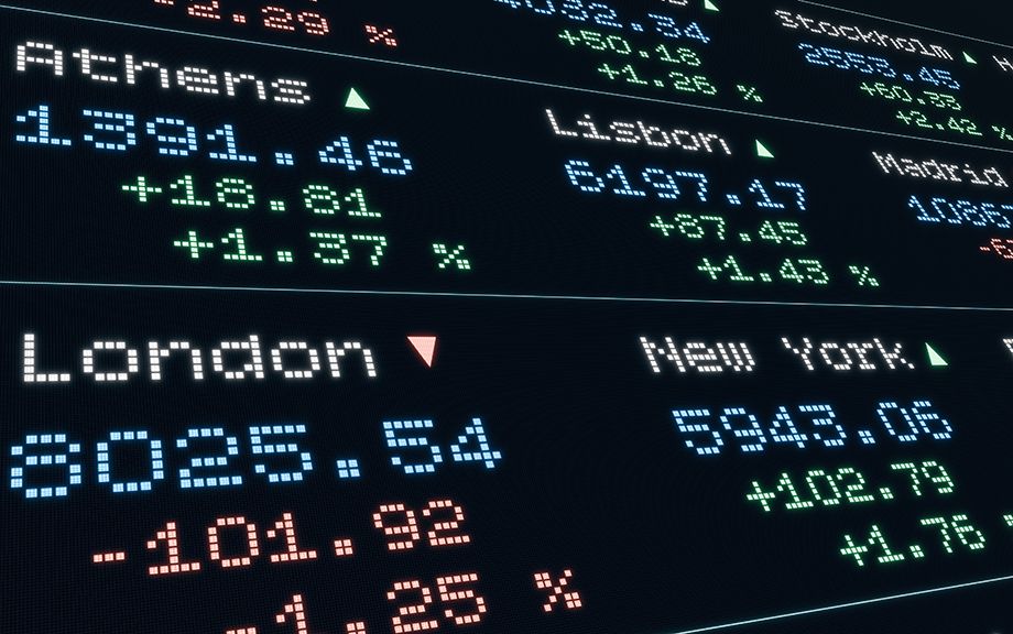 Stock market and exchange, indices moving up and down, Athens, Lisbon, London, New York. Device screen, business, market data and trading information. Concept, 3D Illustration