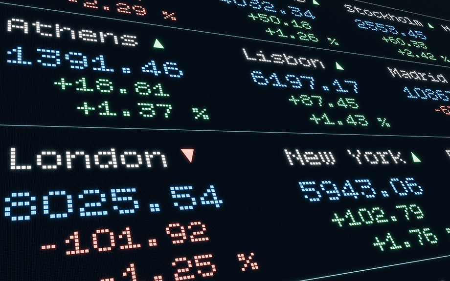 Stock market and exchange, indices moving up and down, Athens, Lisbon, London, New York. Device screen, business, market data and trading information. Concept, 3D Illustration