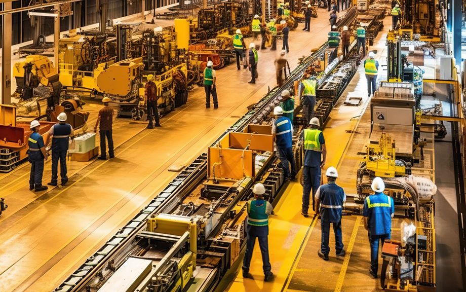 Top view of a bustling factory floor, workers in bright safety vests moving between rows of gleaming machinery , concept of Manufacturing processes and Productivity optimization, created with Generative AI technology