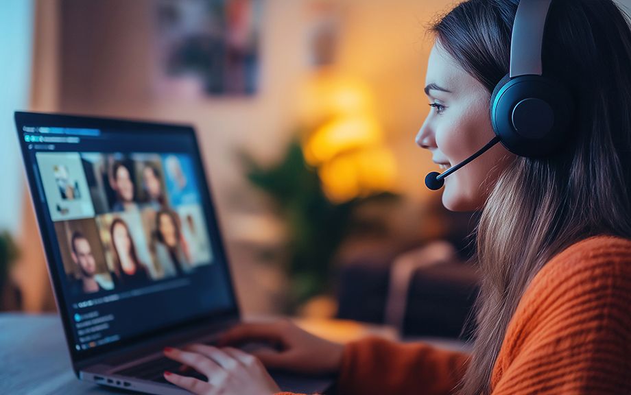 Photo of young caucasian woman working at her desk at home wearing a headsset and engaged in a videoteleconferencing call on her laptop computer.