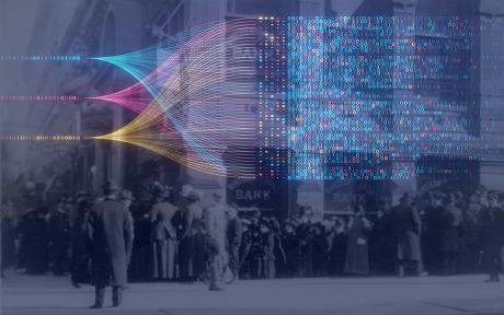 Created image of an early 20th Century bank run with pink, blue and yellow flow concept. Querying, analysing, visualizing neural network for artificial intelligence. Data mining.
