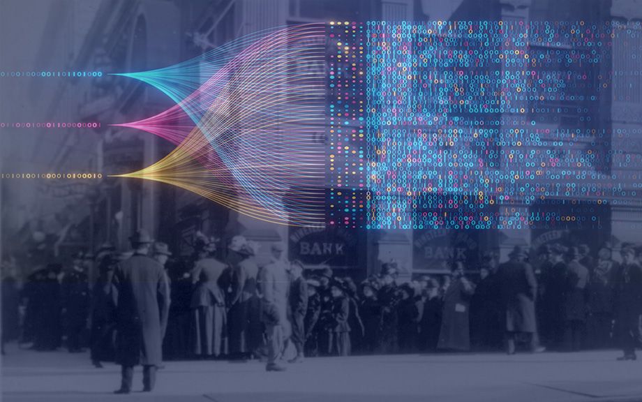 Created image of an early 20th Century bank run with pink, blue and yellow flow concept. Querying, analysing, visualizing neural network for artificial intelligence. Data mining.