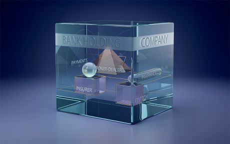 AI generated image of a glass square vessel with glass squares and pyramid inside with the words Bank Holding Company on the large vessel and insurer, fintech and broker-dealer on the small glass items inside it.