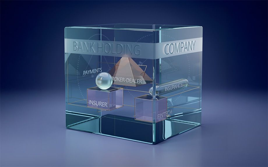 AI generated image of a glass square vessel with glass squares and pyramid inside with the words Bank Holding Company on the large vessel and insurer, fintech and broker-dealer on the small glass items inside it.