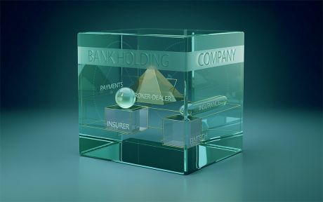 AI generated image of a glass square vessel with glass squares and pyramid inside with the words Bank Holding Company on the large vessel and insurer, fintech and broker-dealer on the small glass items inside it.AI generated image of a glass square vessel with glass squares and pyramid inside with the words Bank Holding Company on the large vessel and insurer, fintech and broker-dealer on the small glass items inside it.